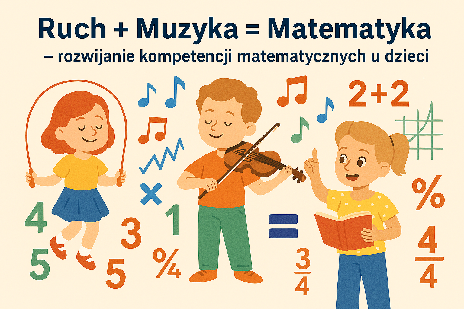 rysunek dzieciz instrumentami muzycznymi. Wokół dzieci cyfry, procenty, znaki rózności, nierówności