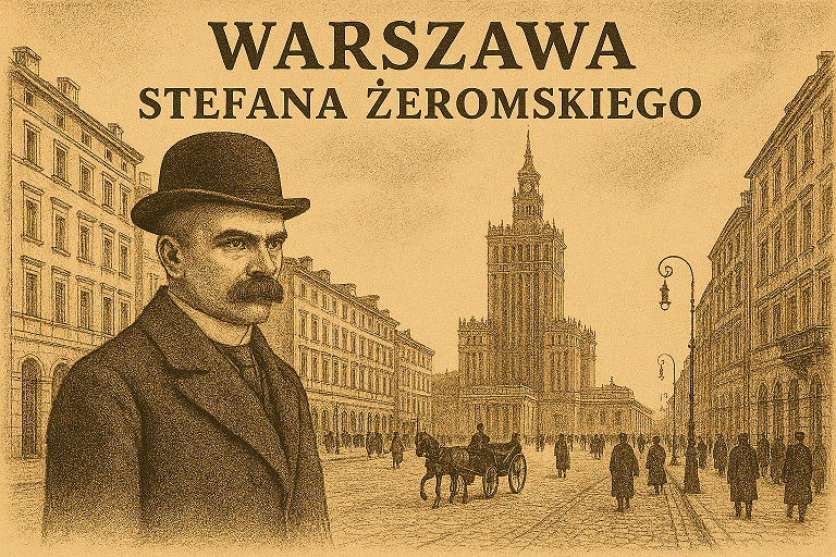 rysunek Stefana Zeromskiego na tle Warszawy. wygenerowane przez AI