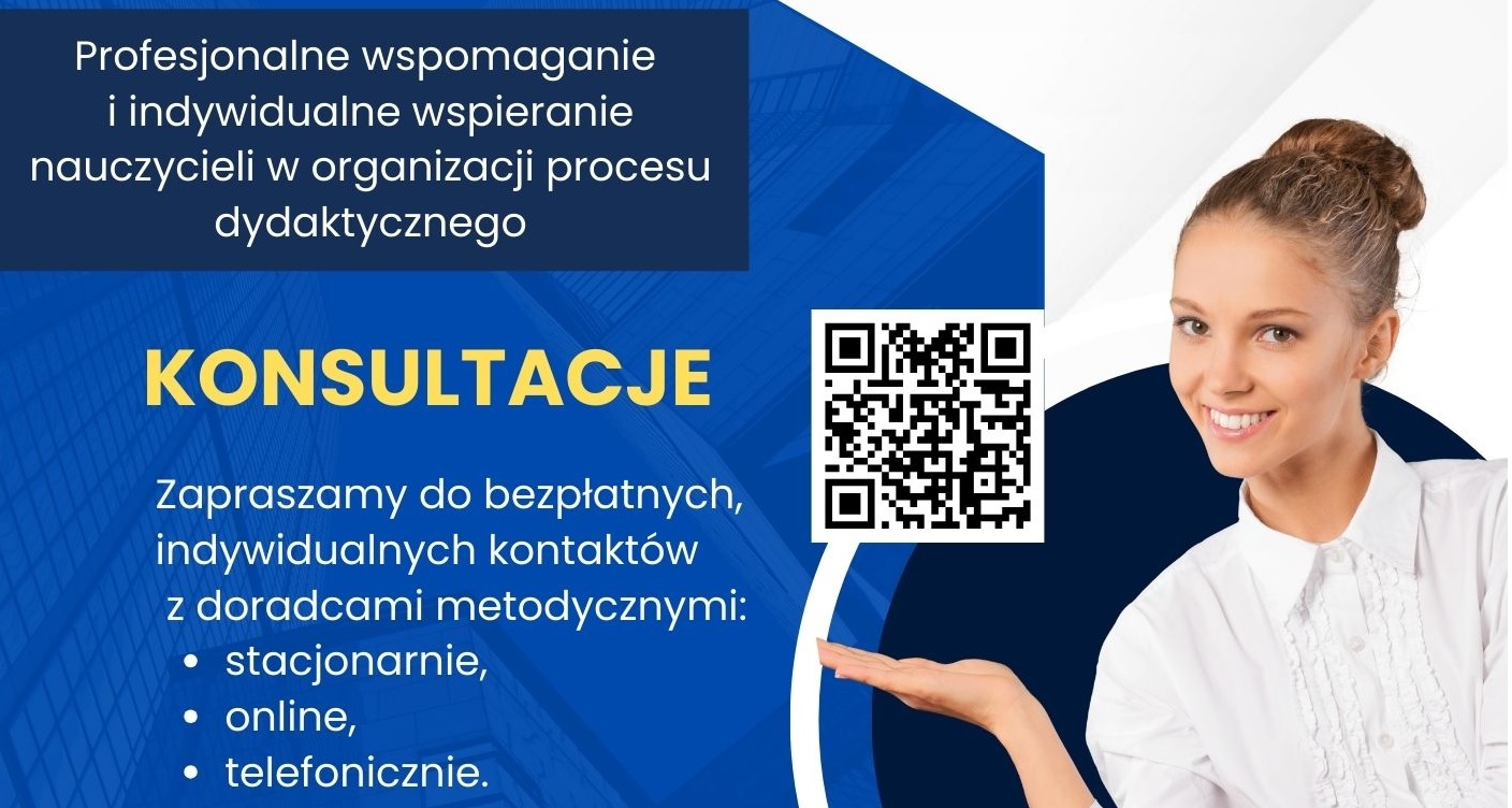zdjcie usmiechnitej kobiety. obok napis konsultacje i zapraszamy do bezpatnych konsultacji